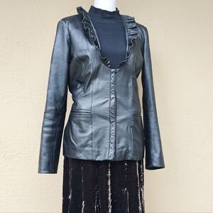 Vintage Neiman Marcus Black Leather Corset Style Plunging Neckline Jacket Sz Med